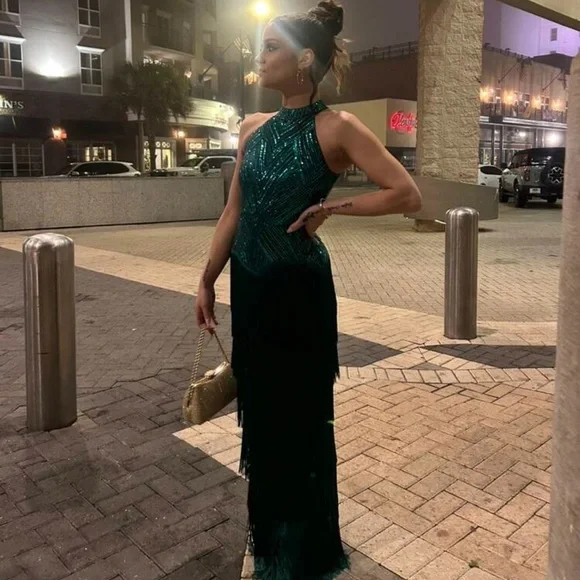 NEW - Elegant‎ Green Fringe Maxi Dress - Picture 8 of 8